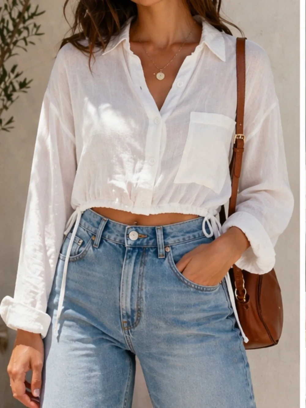 White Cropped Button Up Shirt XS Soft Lightweight Drawstring Waist Blouse